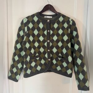 Zara Mint & Olive Argyle Crewneck Cardigan